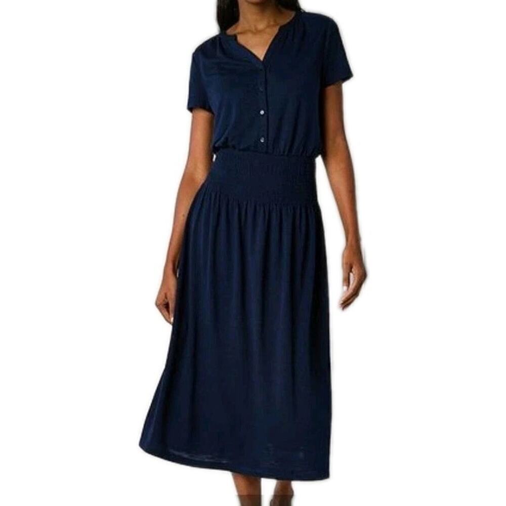 Liz Claiborne Navy Blue Smocked Waist Button Front Midi Sundress Casual XXL